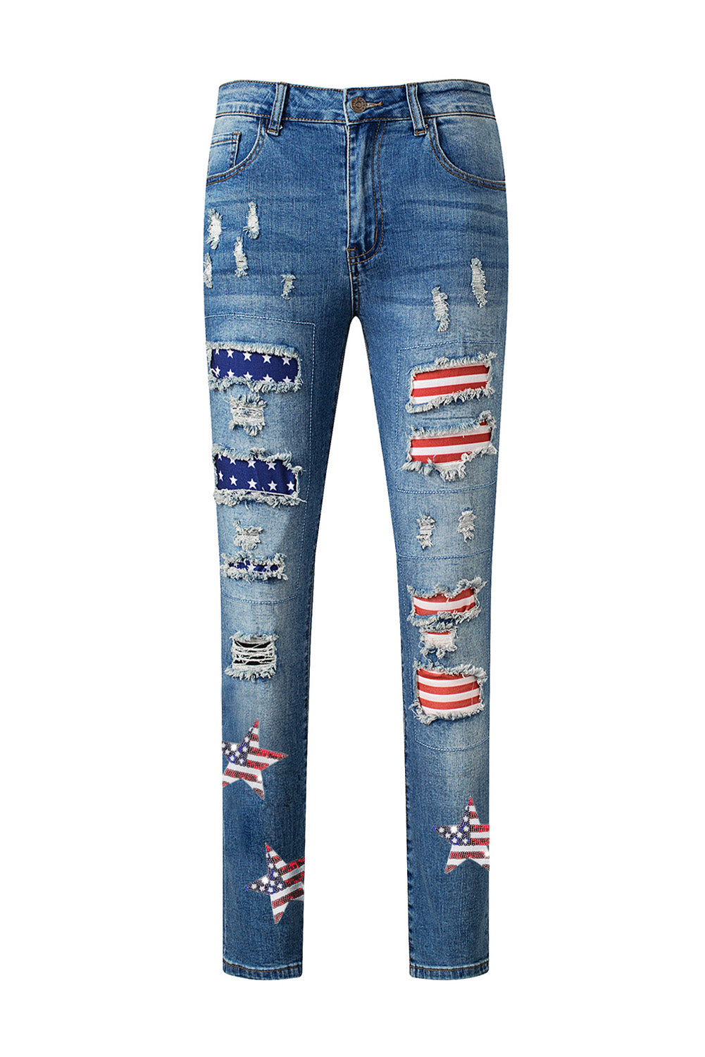 Sky-Blue Sequin American Flag Star Graphic Distressed Straight Jeans