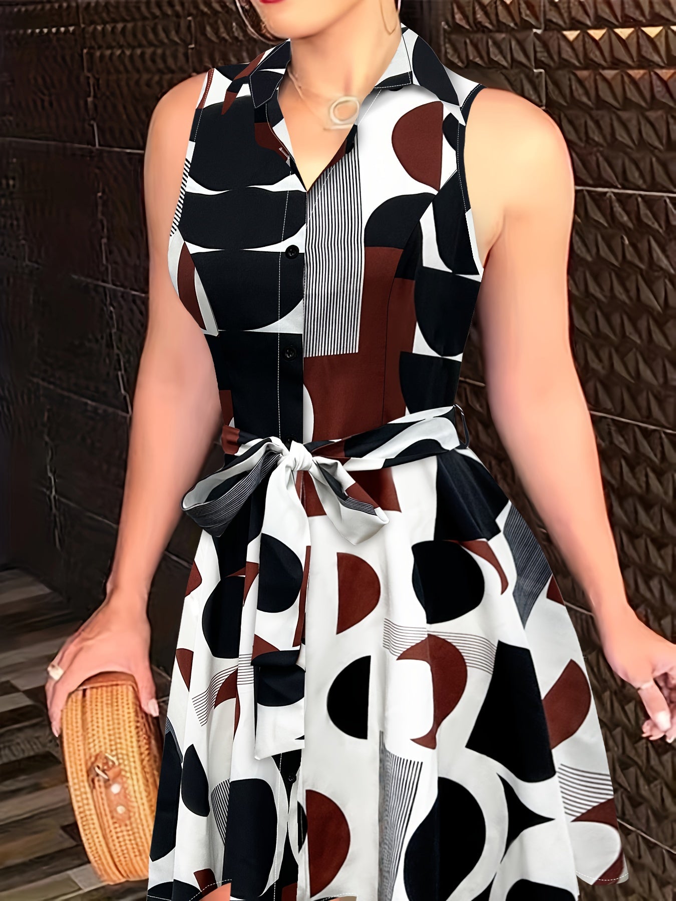 Abstract Print Button Sleeveless Dress