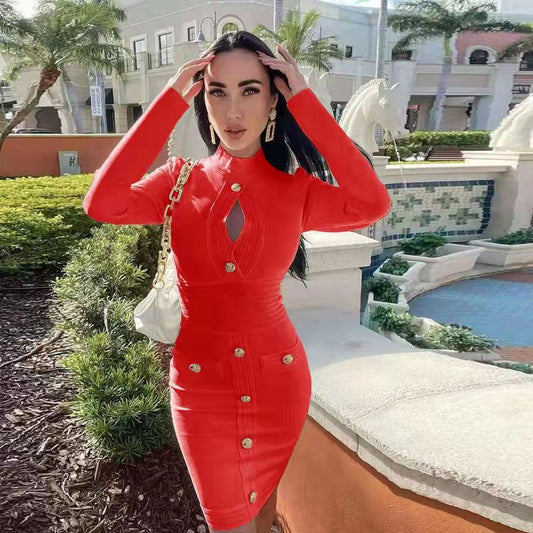 Chest-Hollow Metal Buckle Slim Sheath Bandage One-Piece Dress