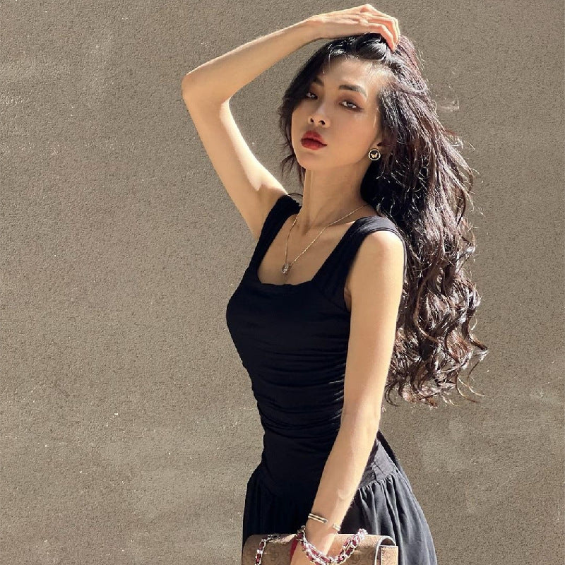 Square-Collar Pleated Large Swing Waist-Slimming Mesh Sling Dress