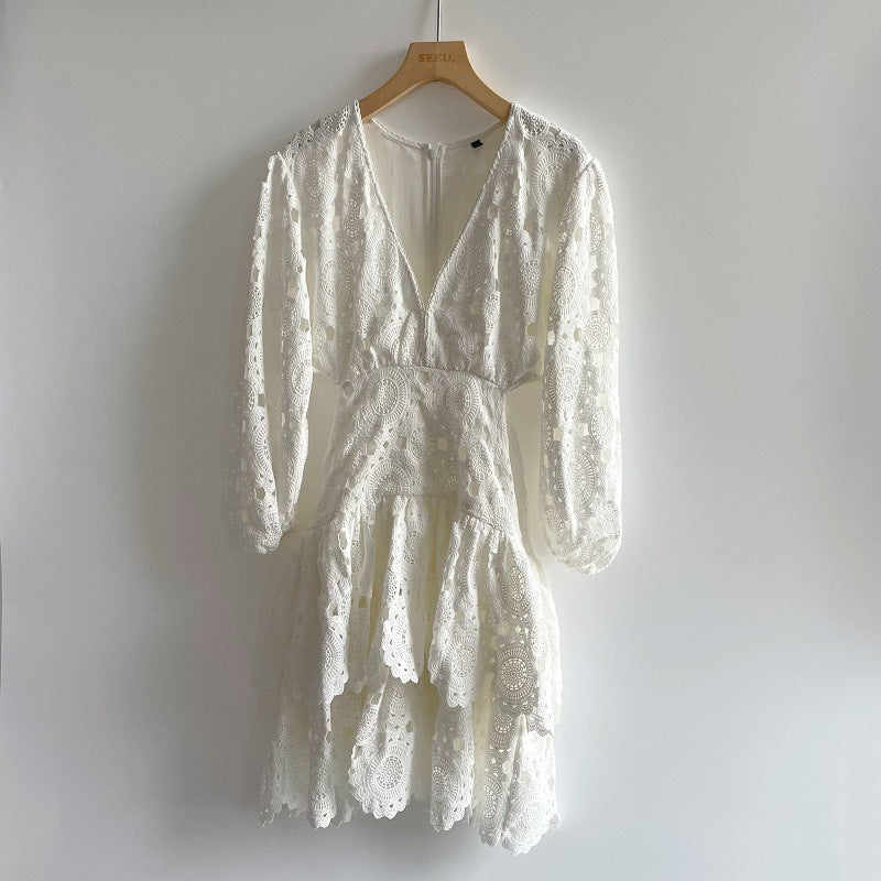 Hollow Embroidered Lace V-Neck Women's Dress