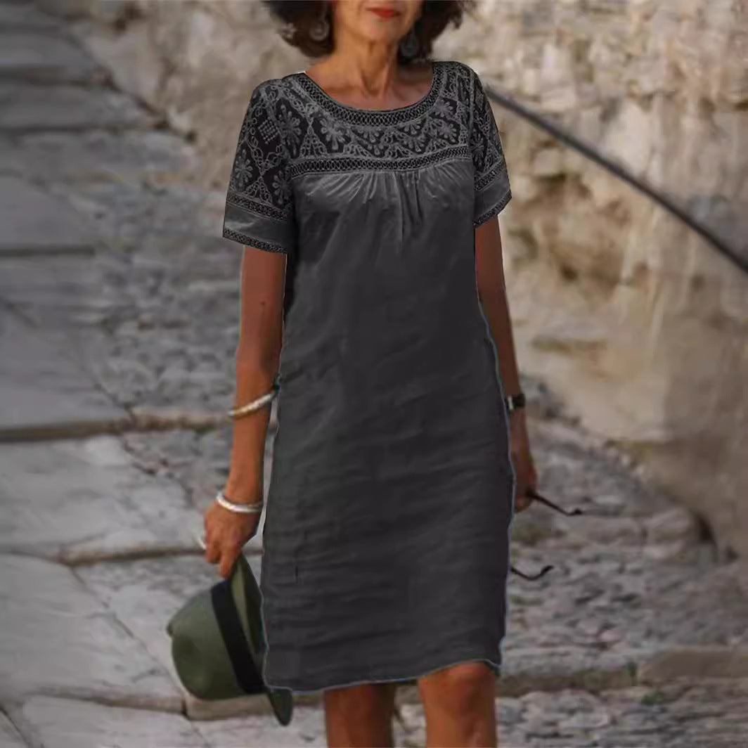 Casual Lace-Patchwork Crew-Neck Cotton-Linen Solid-Color Short-Sleeve Dress