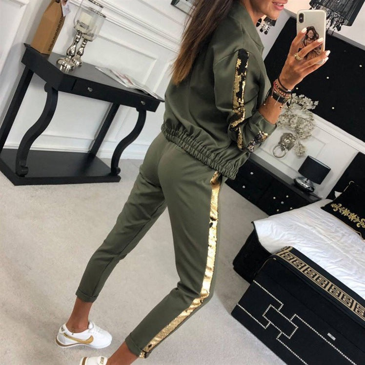 Casual Sequin Splicing Sports Suit For Women