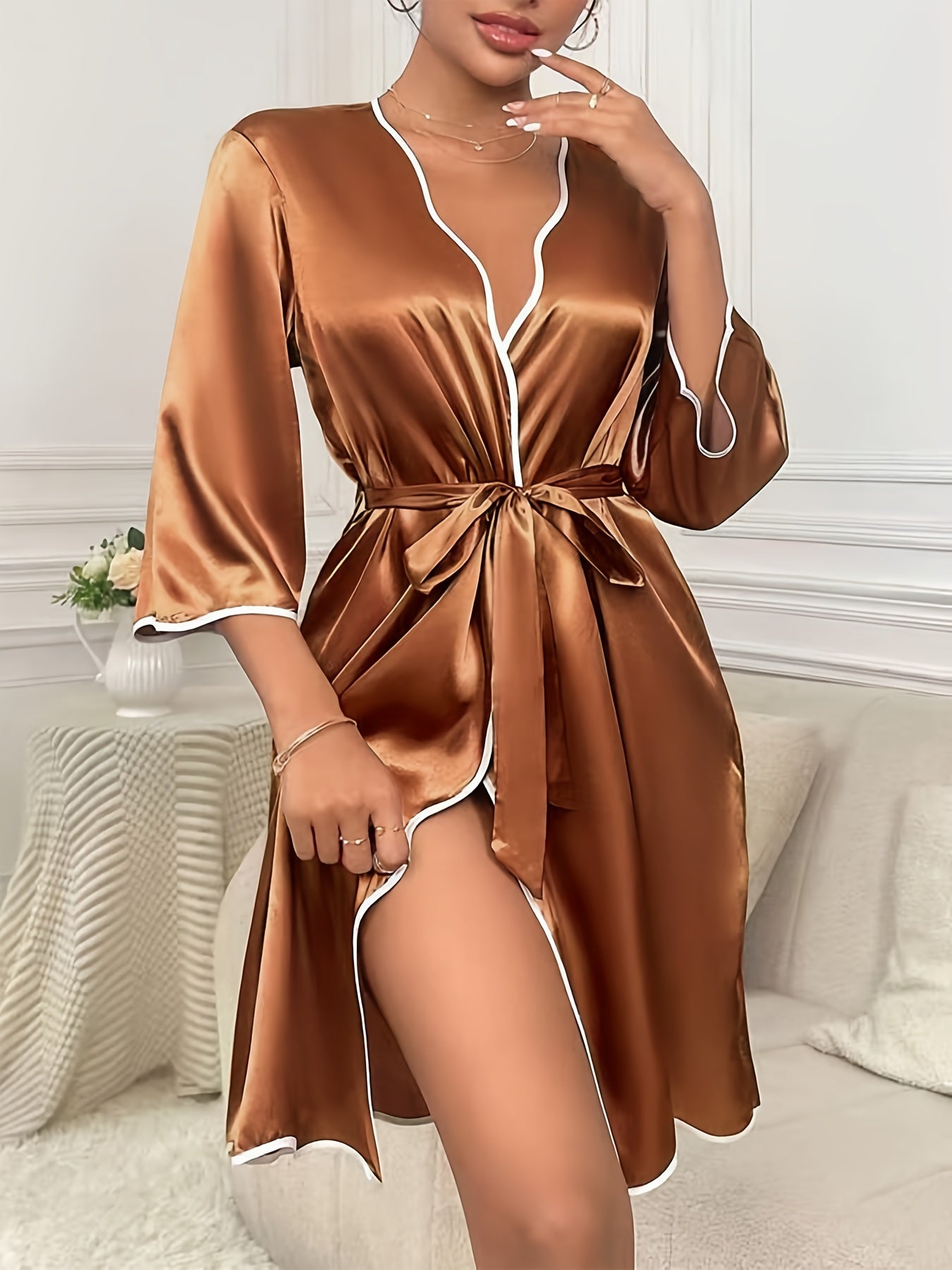 Satin Contrast Binding Night Robe With Belt