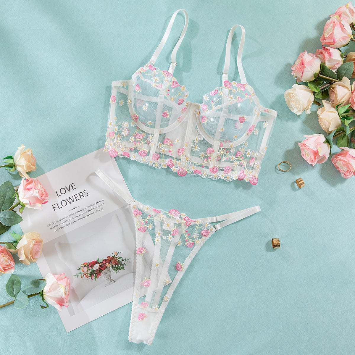 Sweet Floral Embroidered Boned Cami & Thong Set