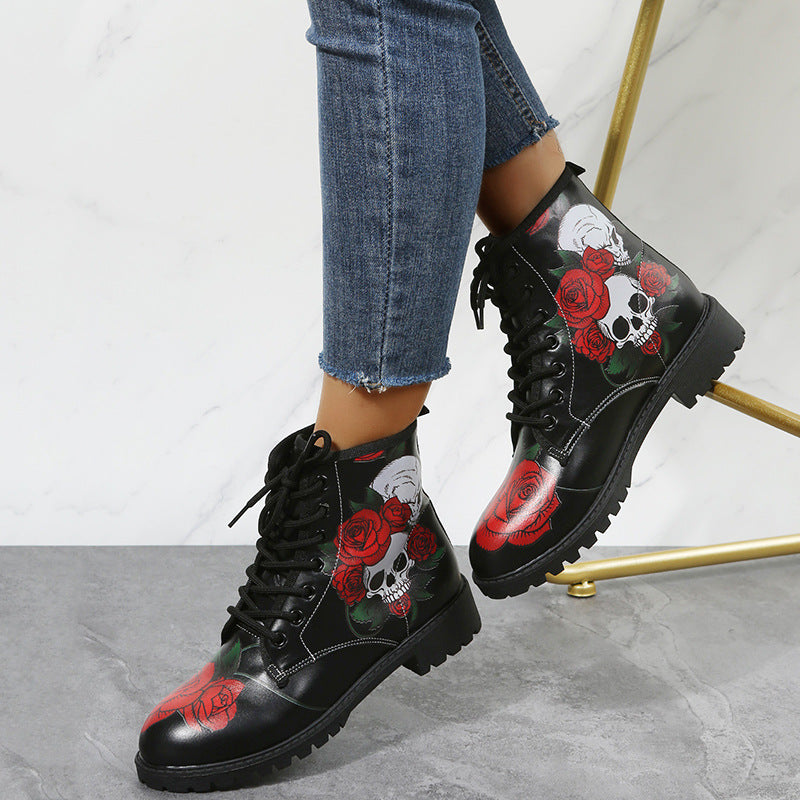 Rose Flower Print Lace-Up Ankle Boots