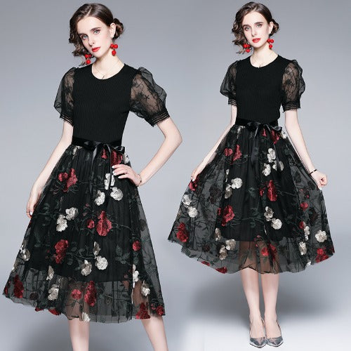 Bubble-Sleeve Knitted Stitching Black Mesh Embroidery Swing Dress
