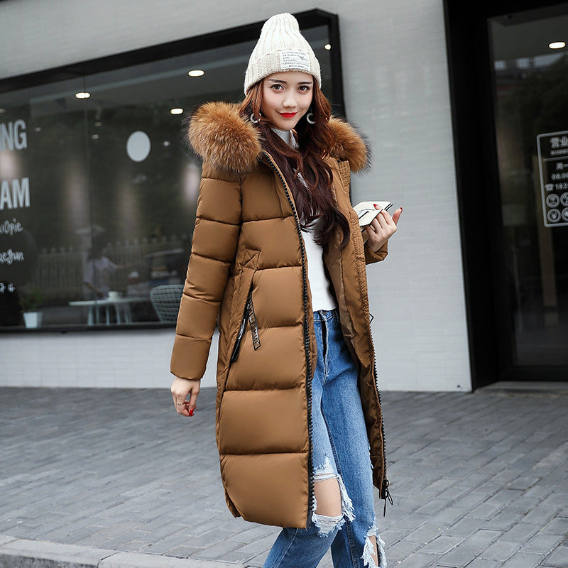 Long Hooded Fur-Collar Cotton Jacket