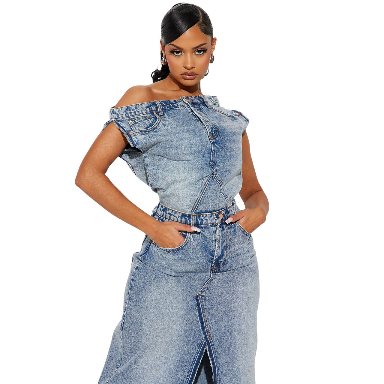 Retro Denim Casual Skirt Suit