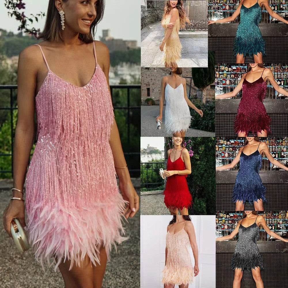 Tassel Sequins Feather Mini Dress