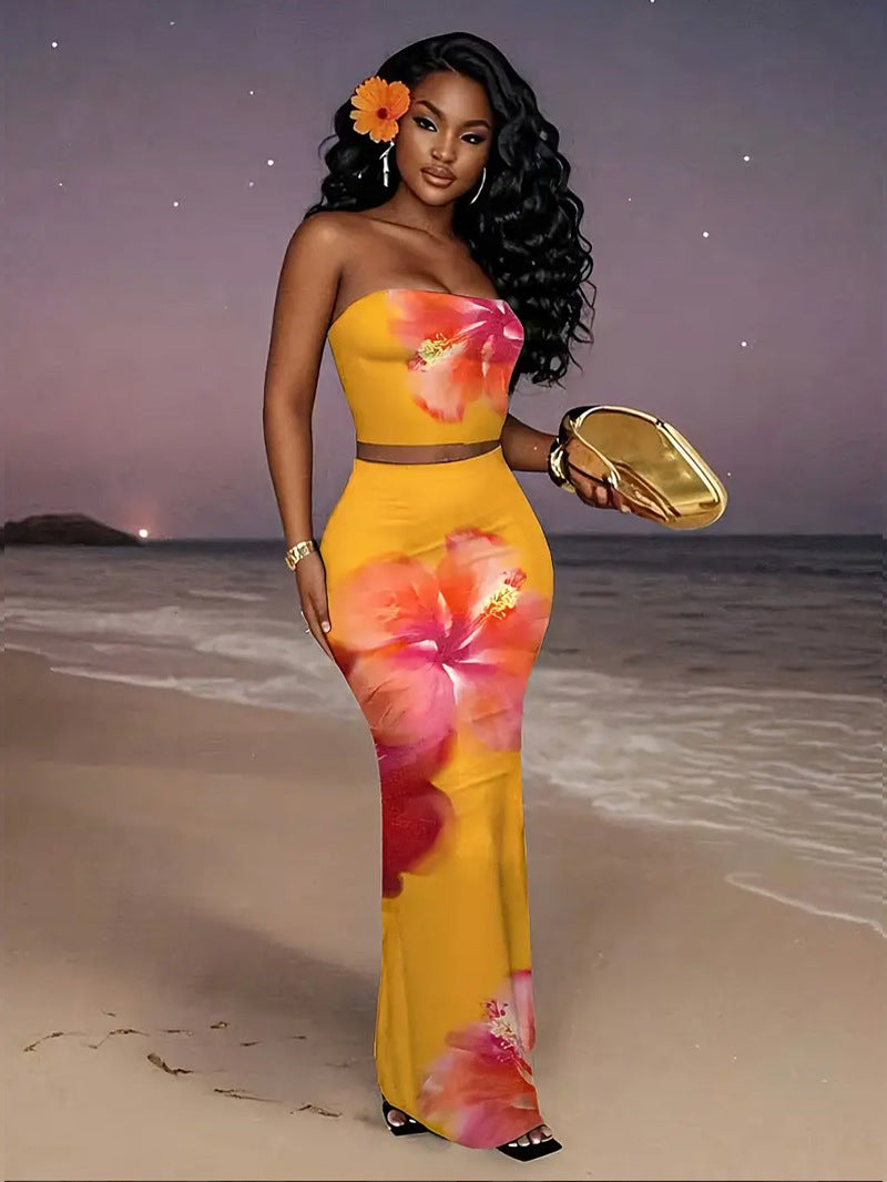 Sexy Form-fitting Two-piece Set Featuring A Floral Bustier Top And A Midriff-baring Bodycon Skirt