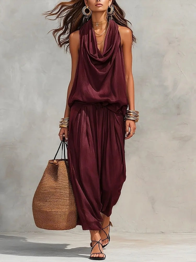 Draped-Neck Vest & Casual Pants Outfit