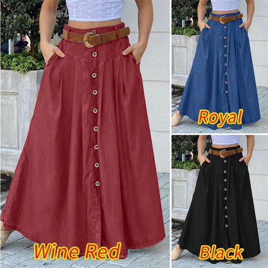 Casual Button Pocket Long Swing Skirt