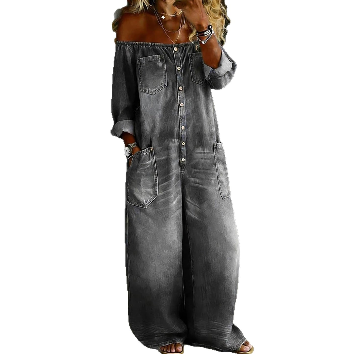 Single-breasted Off-shoulder Washed Faux Denim Jumpsuit
