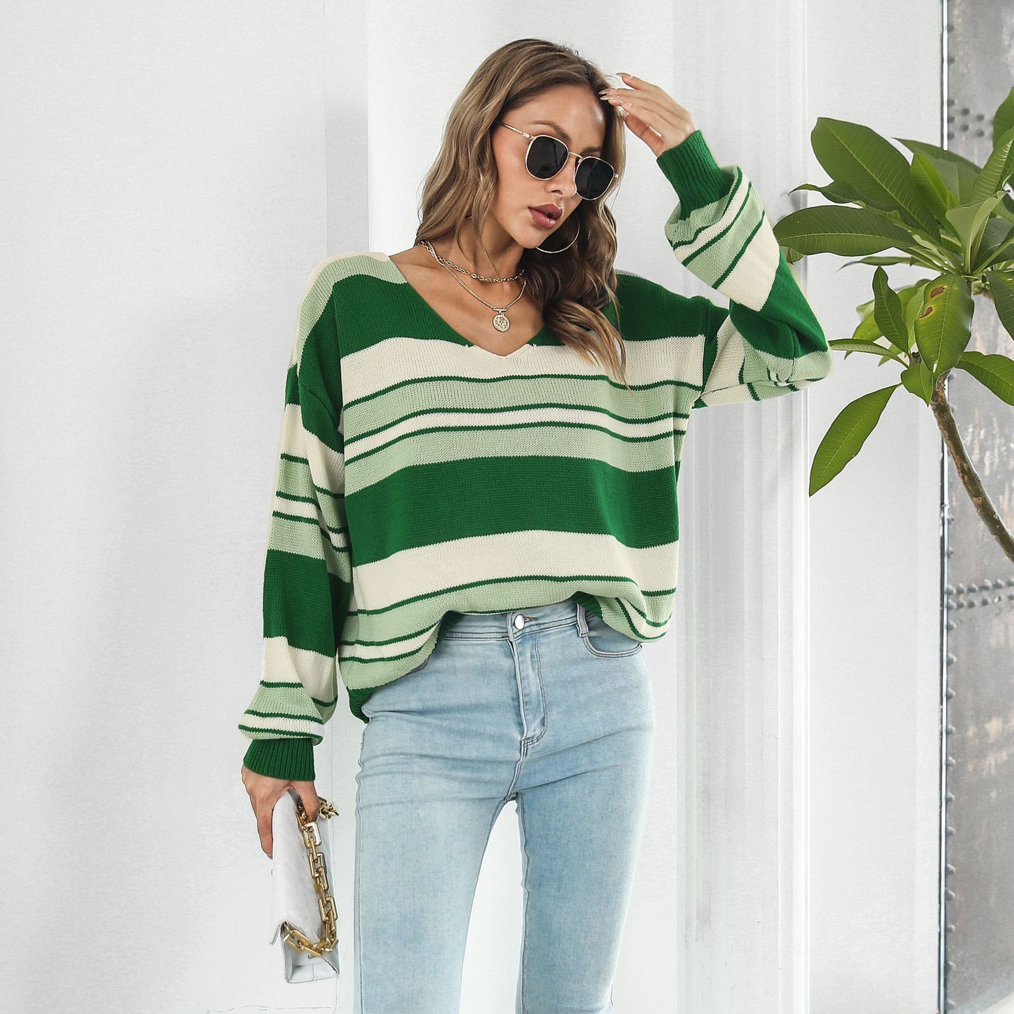 Loose Striped V-Neck Long-Sleeved Women's Sweater