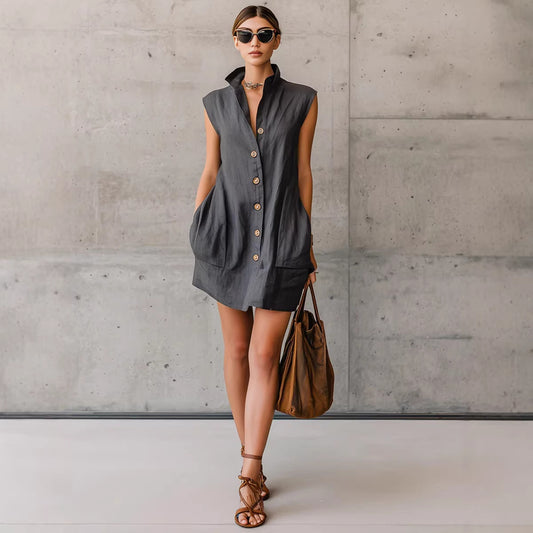 Slimming Sleeveless Stand-Collar Shirt Dress