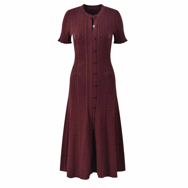 French Style Temperament Ladies Short Sleeve Wooden Ear Hollow Thread Single-breasted Knitted Dress