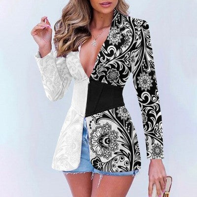 Women's Printed Contrast-Colour Lapel Blazer