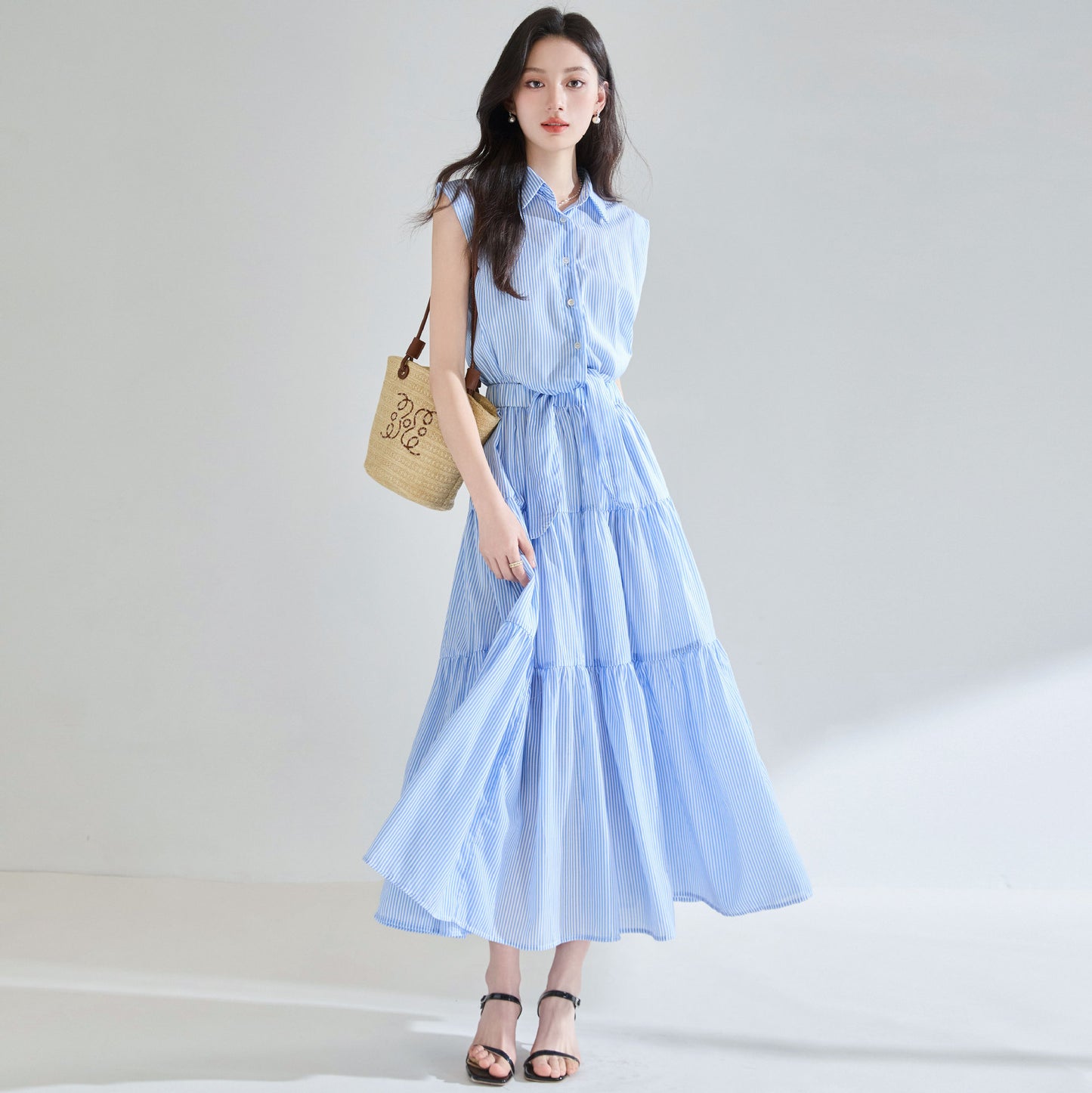 Blue And White Striped Lace-up Waist-tight Three-dimensional Wide Shoulder Fake Two Pieces Shirts Dress