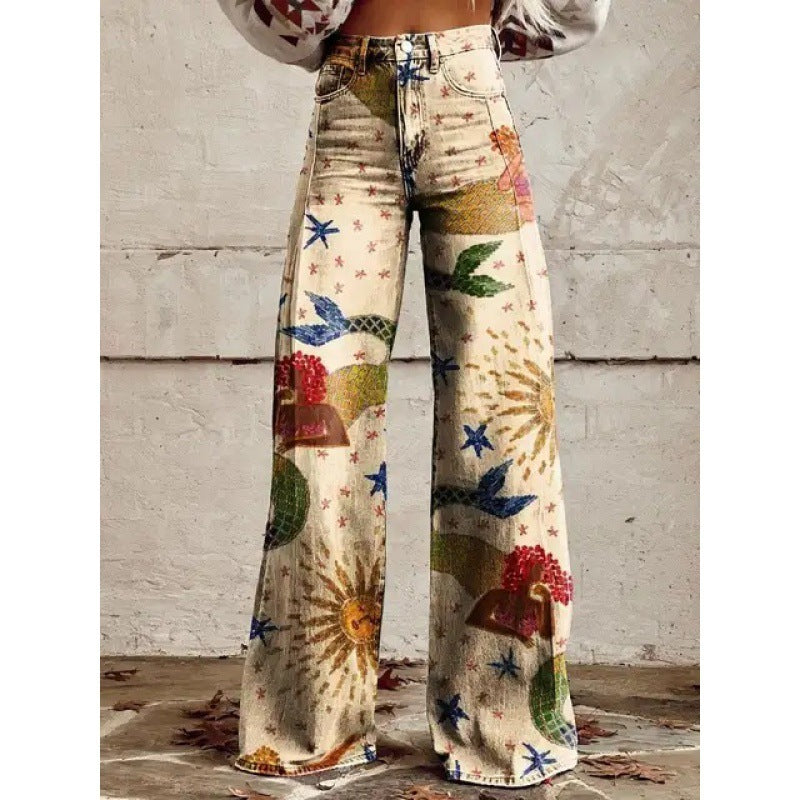 Printed High-Waist Loose Thin Imitation Denim Wide-Leg Pants