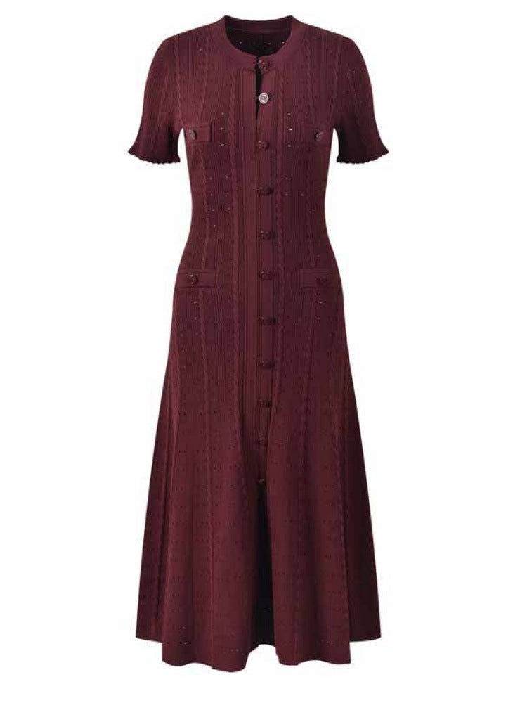French Style Temperament Ladies Short Sleeve Wooden Ear Hollow Thread Single-breasted Knitted Dress