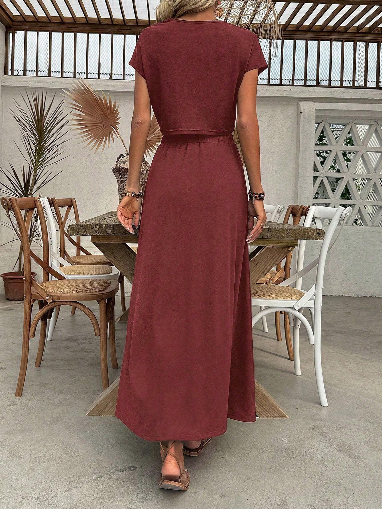 Batwing-Sleeve Crop Top Side-Split Skirt Outfit
