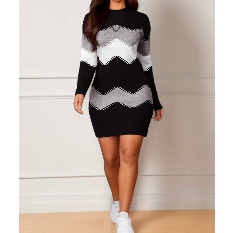 Long-Sleeve Printed Knitted Sheath Dress