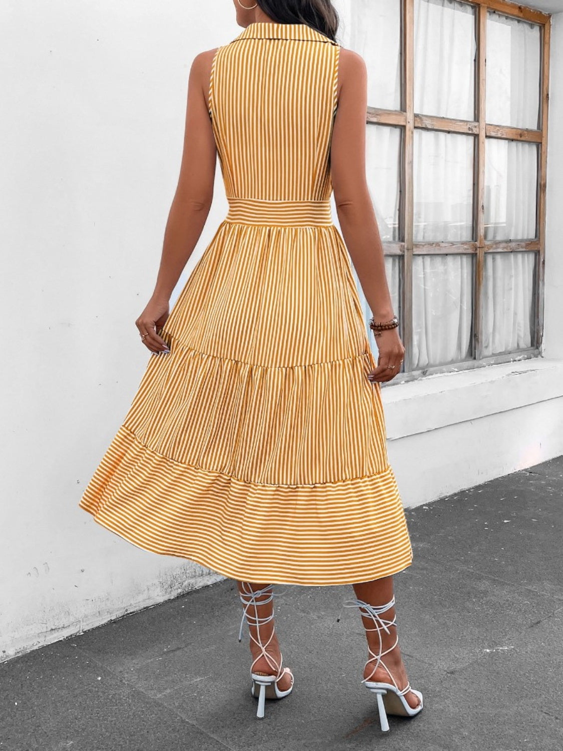 Striped Johnny Collar Sleeveless Midi Dress - US Only