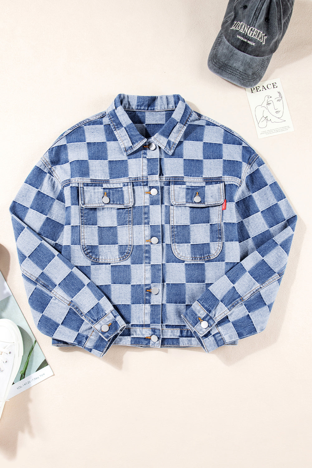 Light Blue Chequered Patchwork Button-Up Denim Jacket