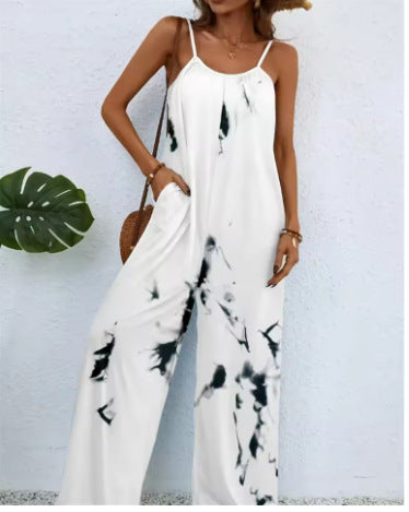 Printed Suspender Long Pants Jumpsuit