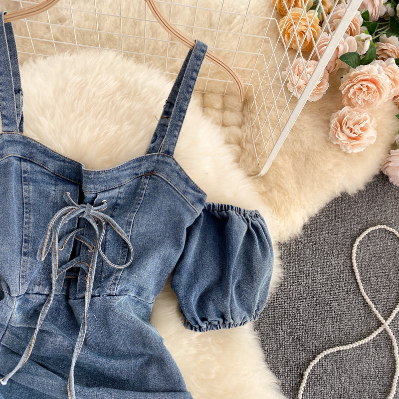 Summer Women's Scheming Pleated Slim Short Denim Suspender Skirt