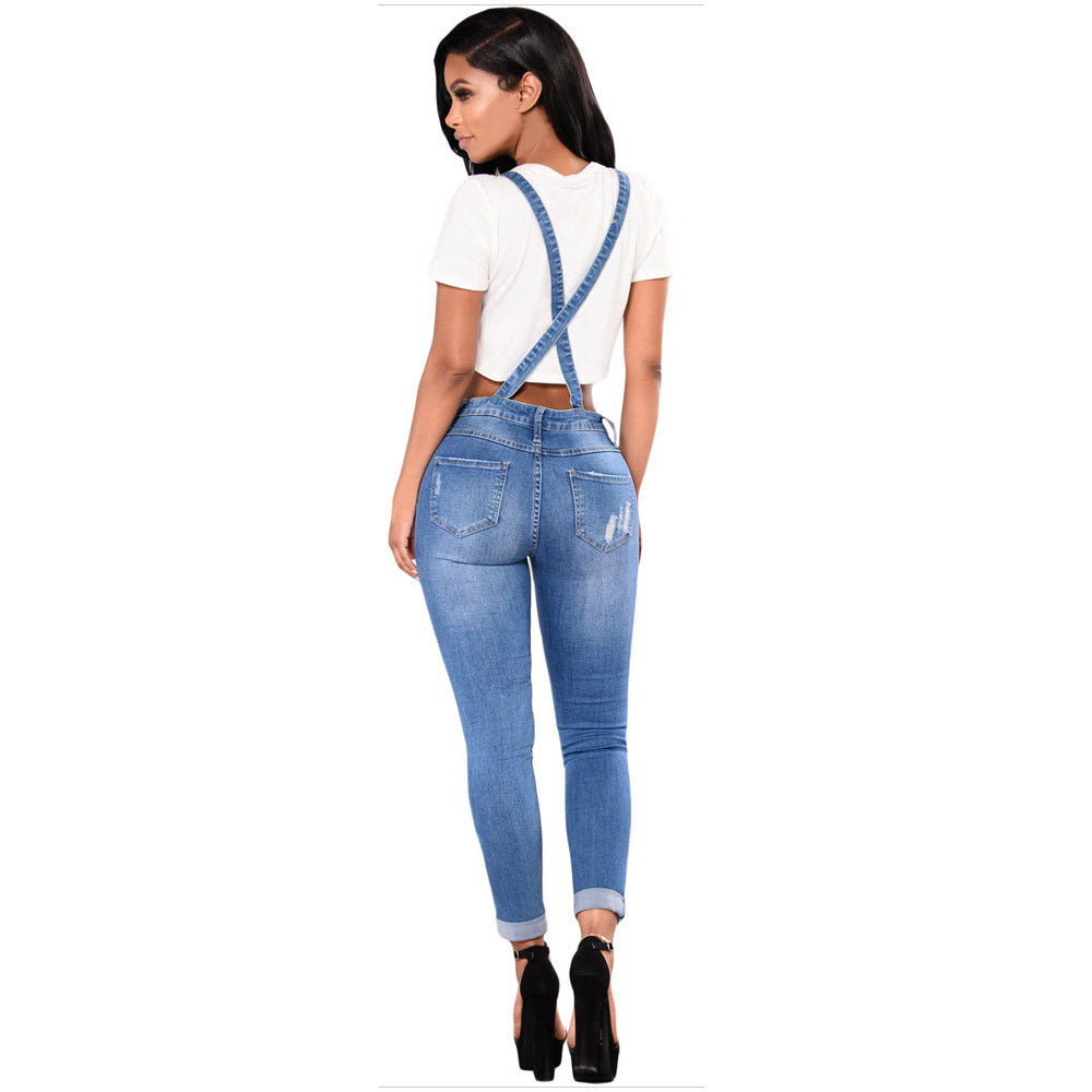 Women's Ripped Denim Suspender Pencil Pants Overalls