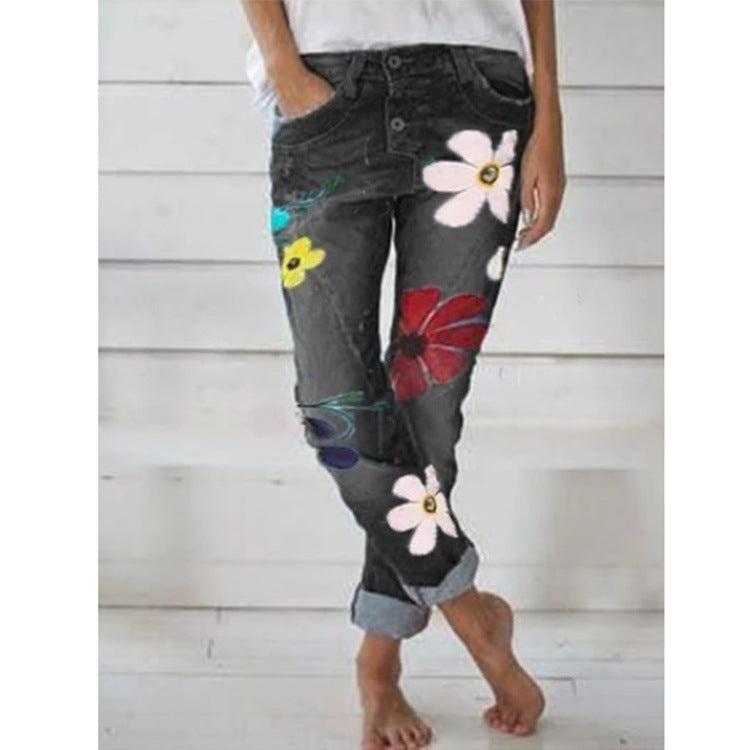 Printed Denim Trousers for Women