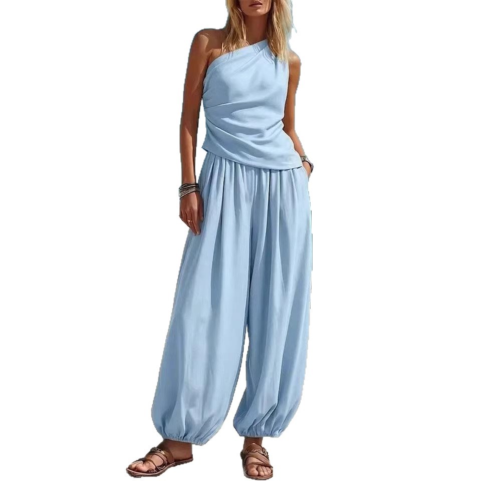 Casual Minimalist Solid-Color Sleeveless Tank Top And Loose High-Waist Pants Set For Women