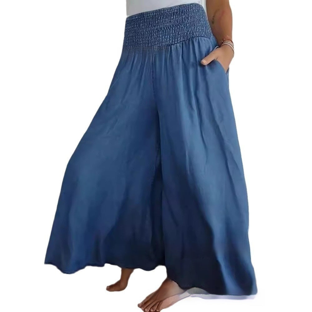 High-Waist Smocking Wide-Leg Denim Trousers With Pockets