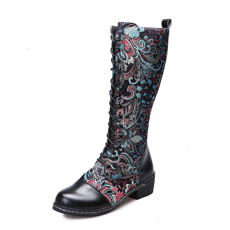 Flowers Print Long  Lace-Up Heeled Boots For Women