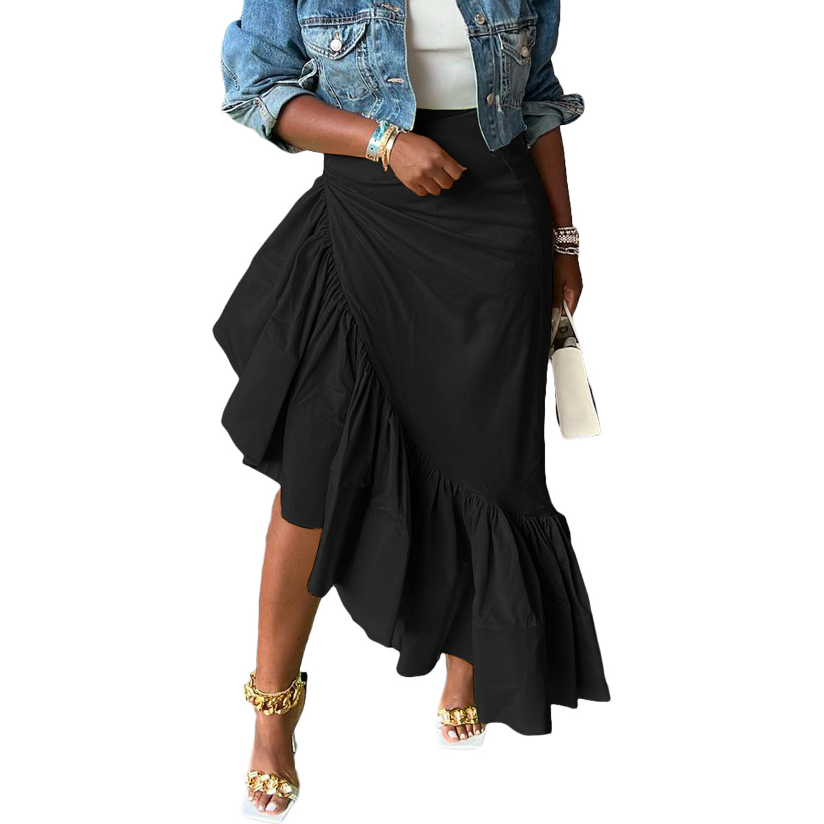 Solid-Colour Irregular Ruffled Skirt