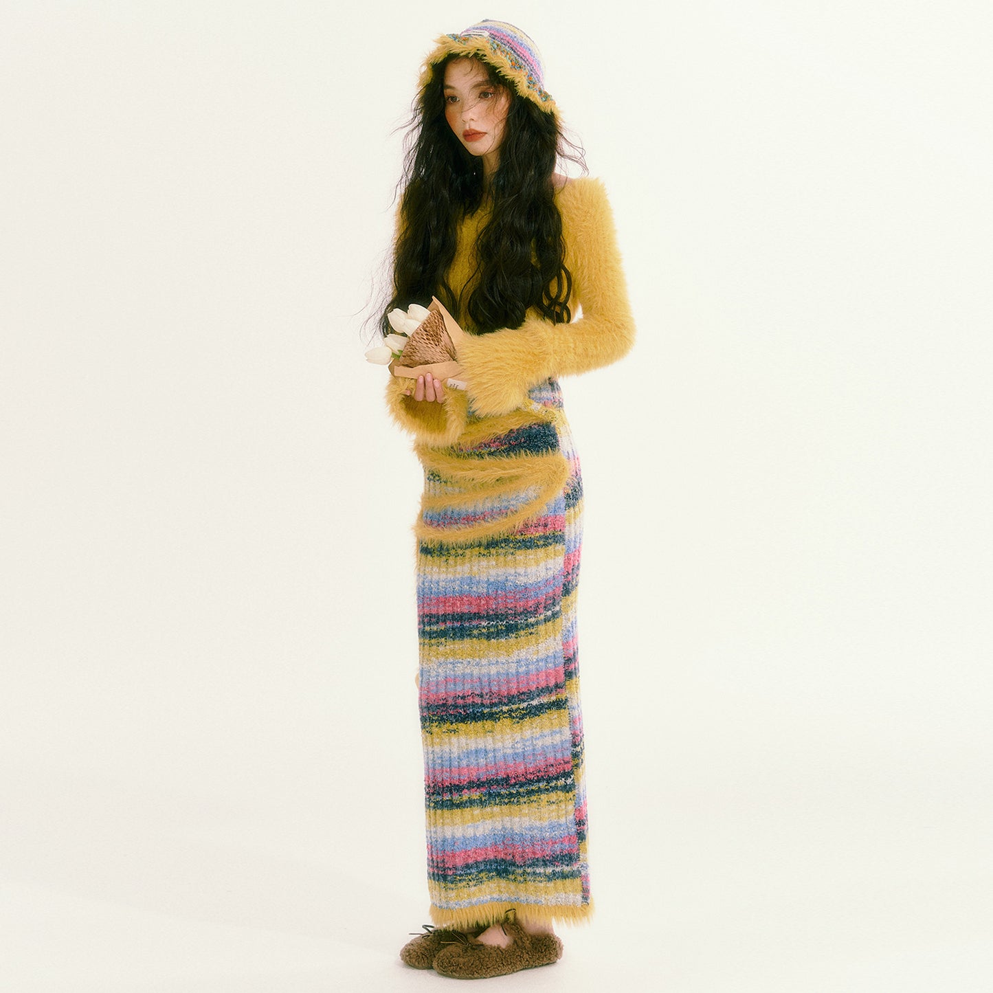 Retro Lazy Plush Knitted Long Skirt Slim Fit Set