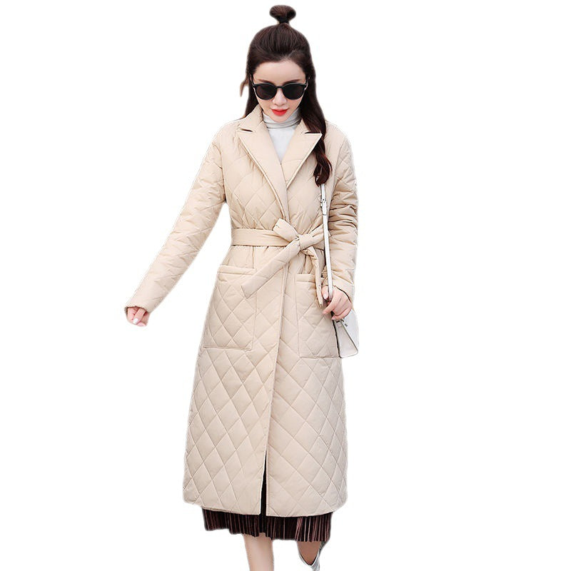 Mid-length Lightweight Cotton-padded Jacket Female Suit Collar Diamond Lattice Coat For Women