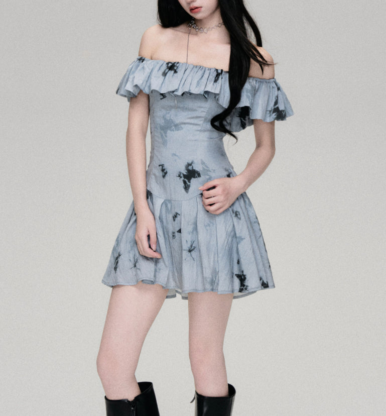 French Retro Gentle Off-shoulder Butterfly Print Dress