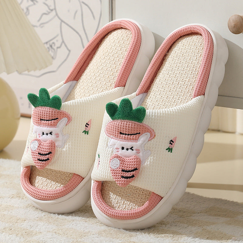 Carrot Rabbit Linen Slippers For Women - Indoor Non-Nlip Thick-Bottom House Shoes