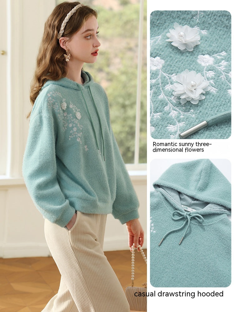 Green Hooded Sherry Embroidered Soft & Sticky Loose Sweater For Women