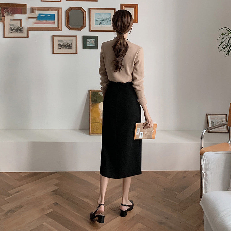 Retro A-line Slit Bag Hip Skirt High Waist Mid-length Skirt