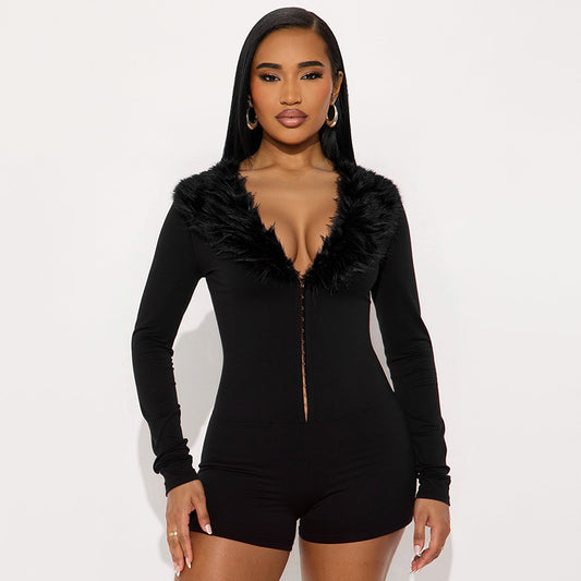 Women's Deep V-Neck Furry Collar Long-Sleeve Jumpsuit