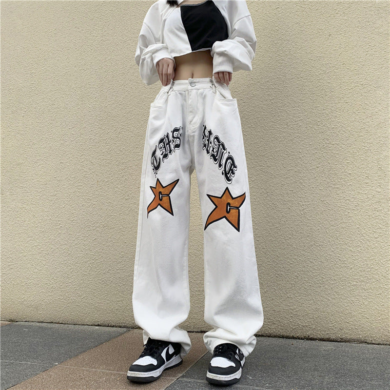 Retro Love Gothic Printed Jeans For Women -  Loose-Fitting Wide-Leg Trousers