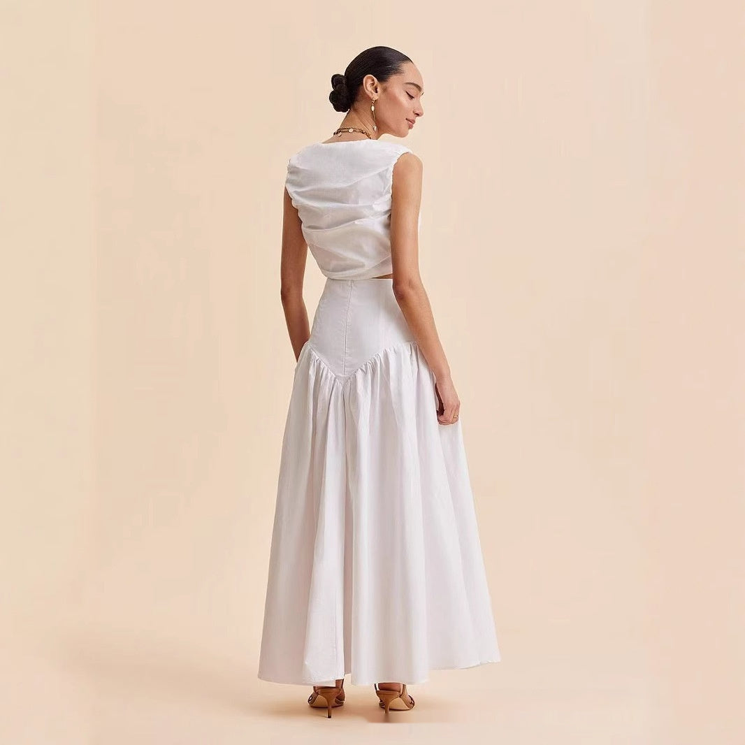 French White Stitching Clinch High-Waist Dress