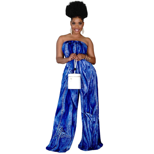 Women's Tube Top Halter Printed Jumpsuit - Wide-Leg Pants