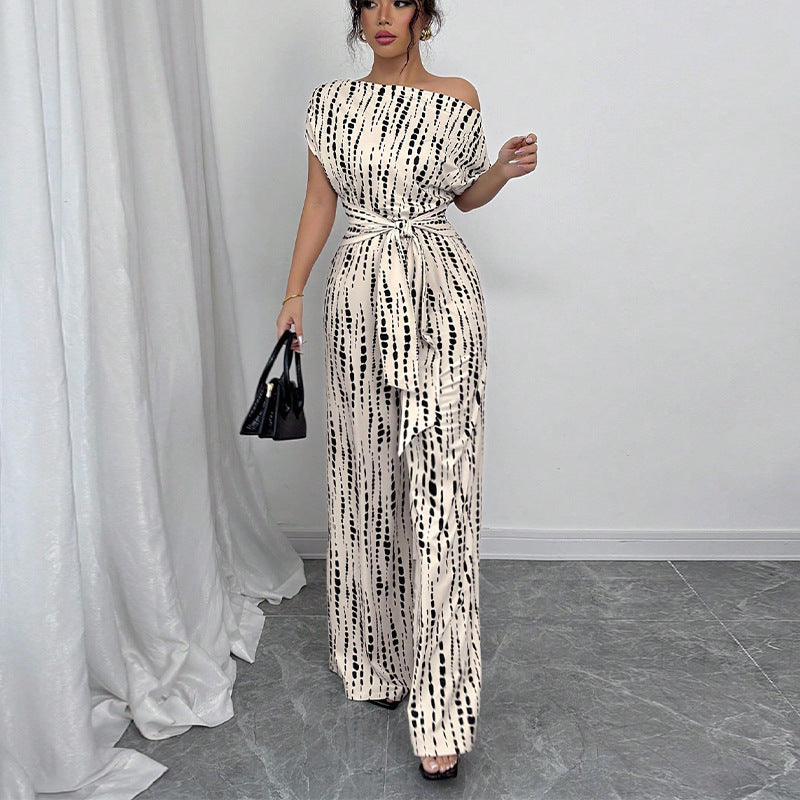 Vacation-Style Slant Shoulder Strap Wide-Leg Jumpsuit
