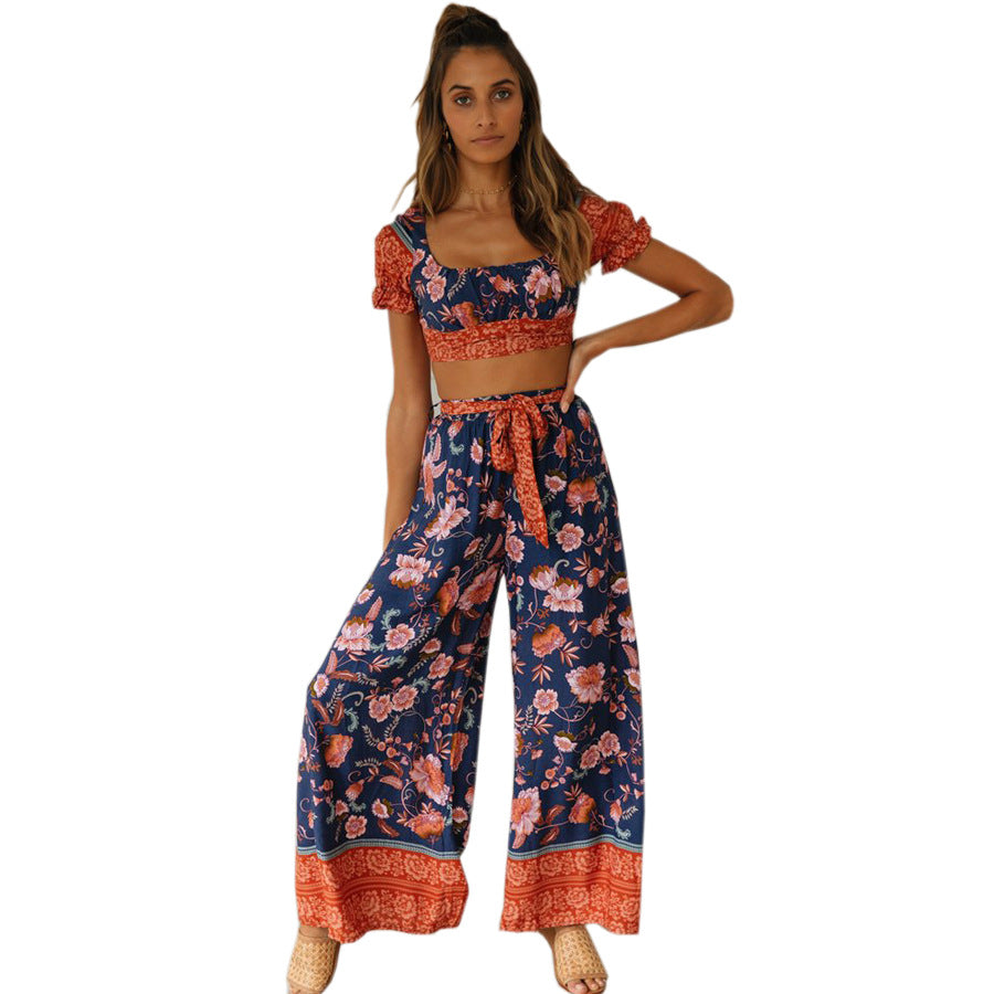 Women's Bohemian Holiday-Style Printed Suit - Short Top,  High-Waist Trousers