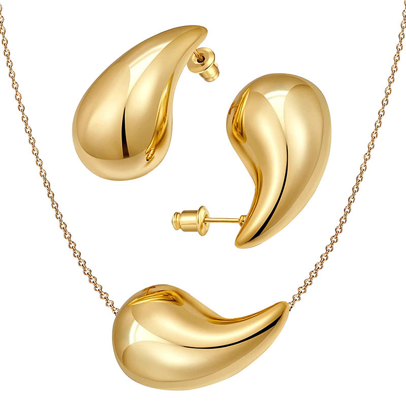 Thick (18K) Gold Hoop Earrings & Teardrop Hollow Necklace Set